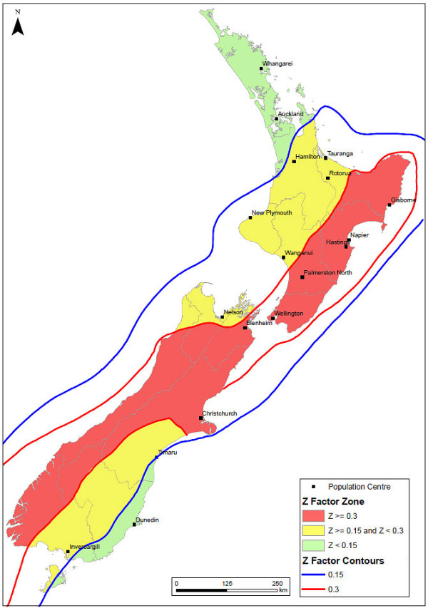 Map of New Zealand. Part of the country are coloured in red, yellow, or green to show the seismic risk in each area