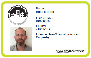 Example of a licensed building practitioner's identification card. 
