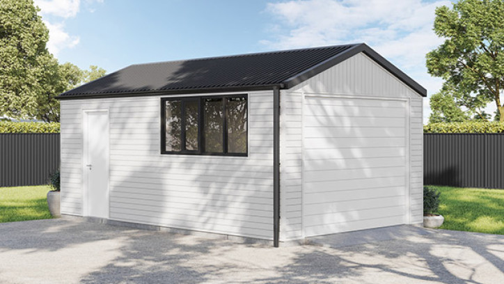 Medium sized metal shed with no windows.
