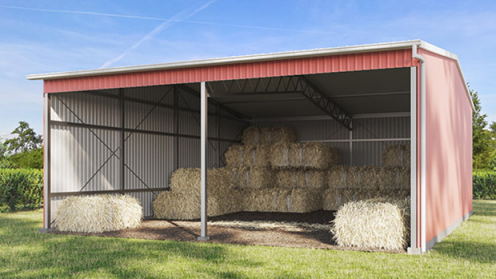 Lots of hay bales in open sided shed